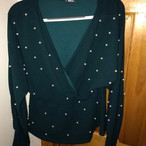 Green Pearl V Neck Blouse